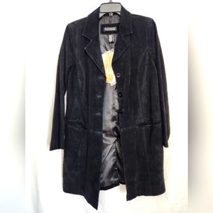 Dialogue QVC Black 100% Suede Leather Knee Length Button Up Jacket, Size M, NWT
